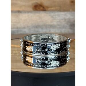 Coach Chunky Bangle Bracelet Silver Tone Black Enamel All Over‎ Script